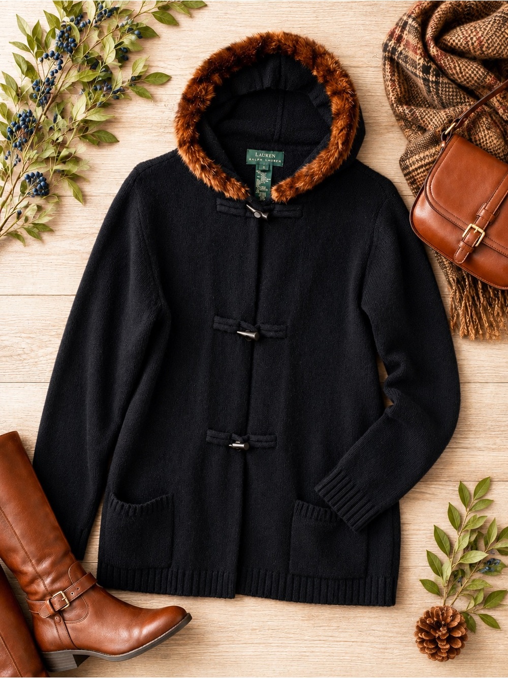 Lauren Ralph Lauren Merino Cashmere Angora Fur Trim Hooded Cardigan SIZE LARGE